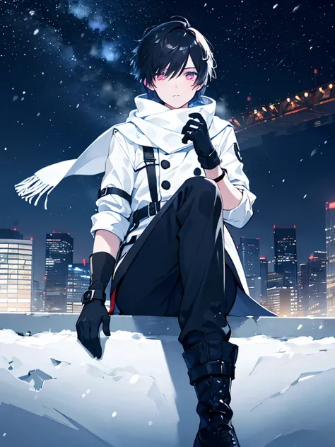  short hair　 (((male)))　 black hair　winter　 night view　neon　 jacket　 scarf　gloves　pants　 boots　socks　snow　Overlooking　 character in the foreground　 skyscraper 　 upper body