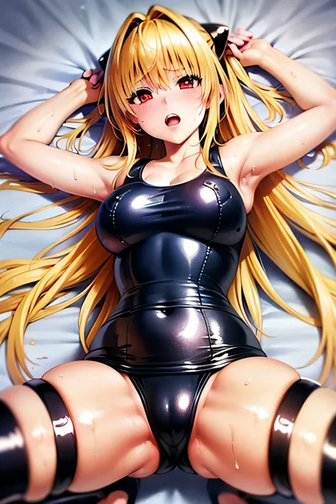  Perfect Anatomy　 top quality, highest resolution,(((metallic shiny latex school swimsuit　Blonde　Red eyes　sweat)))　ToLOVEru　Golden Darkness