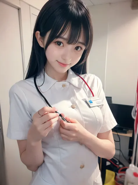 (Close-up face shot of one slender small breasts two side up black medium hair with bangs girl in a white nurse long pants uniform :1.5)、(One girl  is preparing the intravenous drip in the hospital room in Japan with happy smile:1.5)、(blurred background:1....