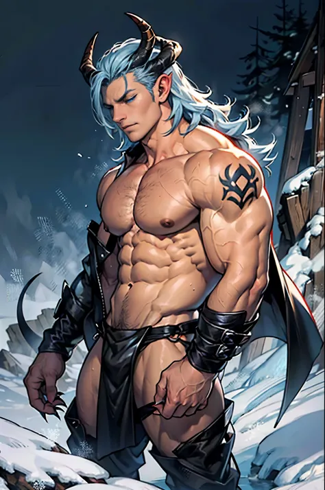 Demon, muscular, blue eyes, sharp jawline, masculine, short blue hair that covers his eyes, has claws, has large horns, wears a black loincloth, bare chest, background of a frozen wasteland, high quality image