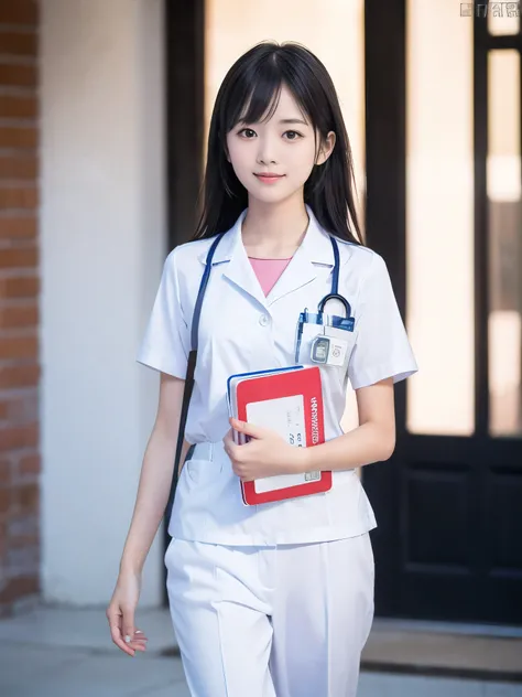 (Close-up face shot of one slender small breasts two side up black medium hair with bangs girl in a white nurse long pants uniform :1.5)、(One nurse is walking with hold the file book in arms in the hospital courtyard with small smile:1.5)、(Beautiful sunshi...