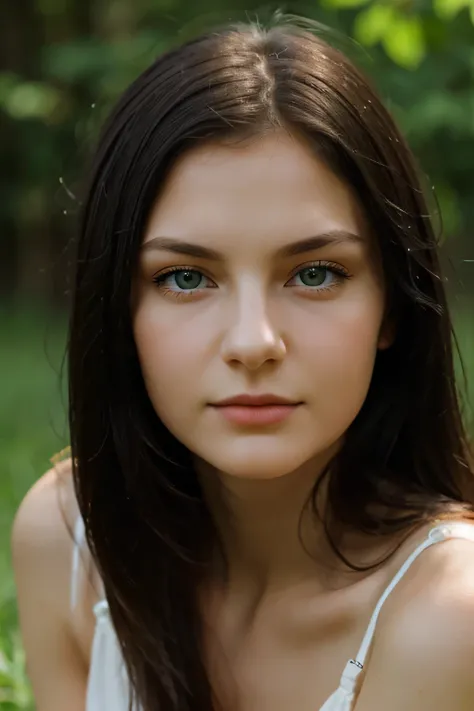 Young White Slavic woman, delicate,  young woman with small nose with long straight black hair and green eyes .  focus on the face