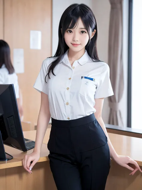 (Close-up face shot of one slender small breasts two side up black medium hair with bangs girl in a white nurse long pants uniform :1.5)、(One girl  is working at the reception counter in the hospital in Japan with small smile:1.5)、(blurred background:1.5)、...