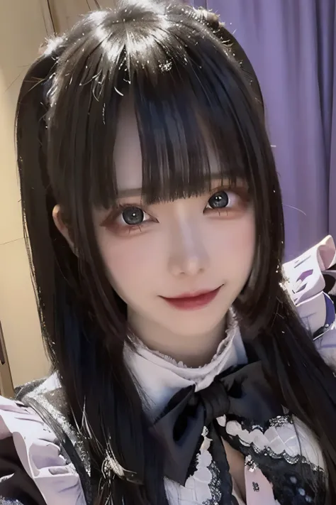 A hyper-realistic anime-style character in a close-up portrait. The character has long black hair with purple and blue streaks, featuring straight bangs. She is wearing an elegant outfit with lace details on the sleeves and a ribbon with pearl accents. The...