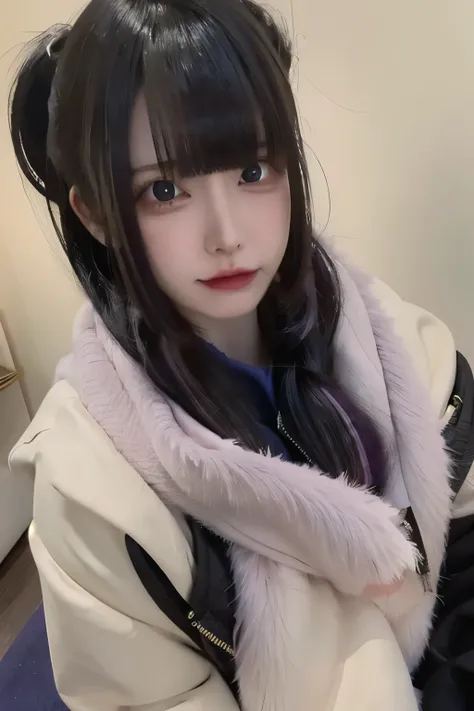 A hyper-realistic anime-style character in a close-up portrait. The character has long straight black hair with purple and blue highlights, and straight-cut bangs. She is wearing a cozy black jacket, and a soft pink scarf with a playful design wraps around...