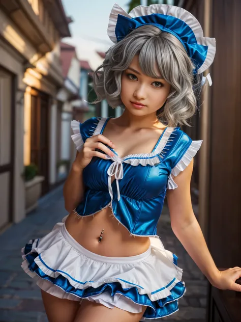 ((16 Nights Sakiya)), ((Touhou Project)), Cosplay, 20-year-old woman, (((gray hair)), ((medium spiky hair)), ((blue maid outfit)), ((white blouse)), midchest, (light)))), (pose))), (photorealistic photo: 1.3), rim lighting, (high detail skin:1.2), 8K UHD, ...