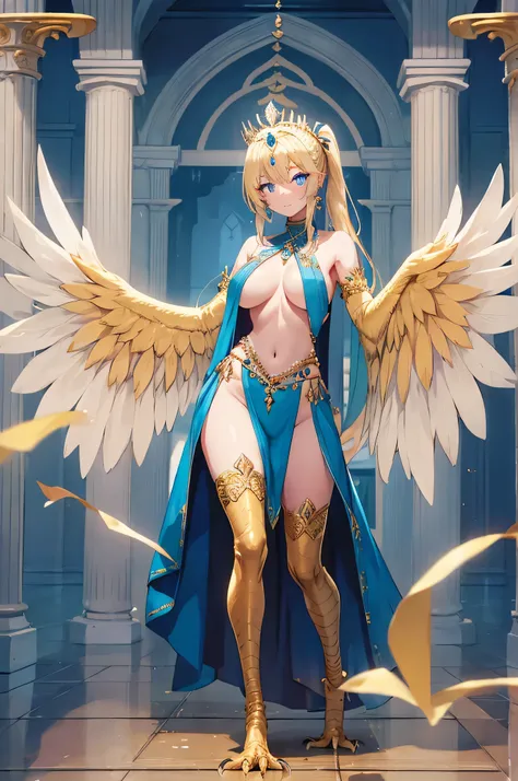 4K, high definition ,One Woman,Harpy,Blonde, long ponytail, blue eyes ,White Wings,Golden toenails, huge boobs , Arabian Dancer , blue dancer dress, belly button out, dancer tiara ,Jewelry decoration,Arabian Castle Town 