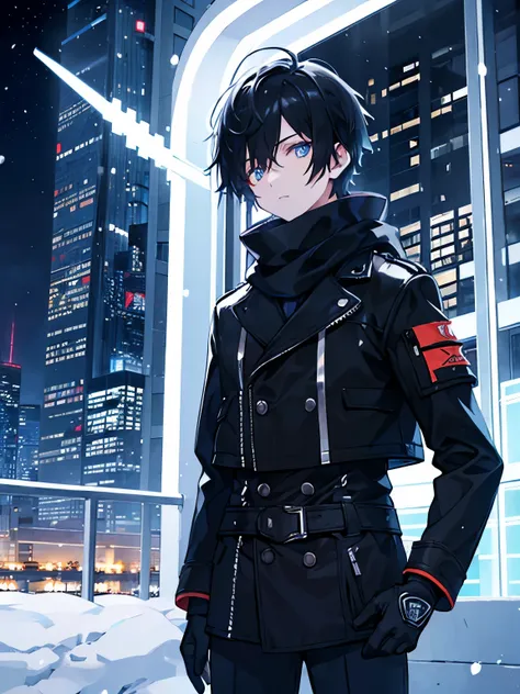  short hair　 (((male)))　 black hair　winter　 night view　neon　 jacket　 scarf　gloves　pants　 boots　socks　snow　Overlooking　 character in the foreground　 skyscraper 　 upper body