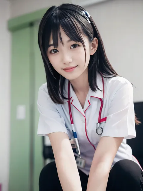 (Close-up face shot of one slender small breasts two side up black medium hair with bangs girl in a white nurse long pants uniform :1.5)、(One girl  is preparing the intravenous drip in the hospital room in Japan with happy smile:1.5)、(blurred background:1....