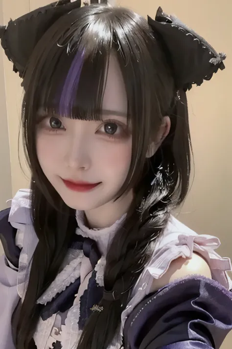  of a super realistic anime-style character Close-up portrait .  her character is long ,  black hair has purple and blue stripes 、 straight bangs with an elegant costume . They are 、 lace embellishments on the sleeves 、 the ribbon has pearl accents .  The ...