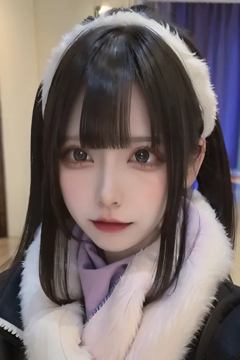  of a super realistic anime-style character Close-up portrait .  her character is long ,  purple and blue highlights on the black hair 、 The bangs are straight cut .  Im wearing a black jacket and a pink scarf with a cute design around my neck. Her big,  T...