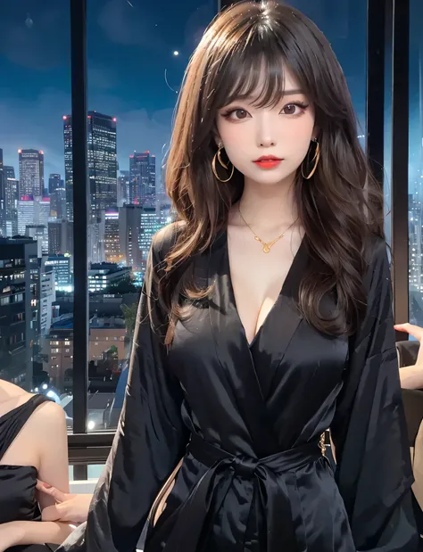 Photorealistic, Hanfu Chinese female celebrity office lady wearing a silk robe, gold earrings, red lips, long silky brown hair, perfect bangs, eye shadow, attractive beauty, long black eyelashes, black eyeliner, seductive young skinny woman、pretty thin wom...