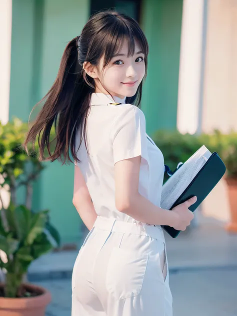 (Close-up face shot of one slender small breasts two side up black medium hair with bangs girl in a white long pants nurse uniform :1.5)、(One nurse is looking back with hold the file book in arms in the hospital courtyard with small smile:1.5)、(Beautiful b...