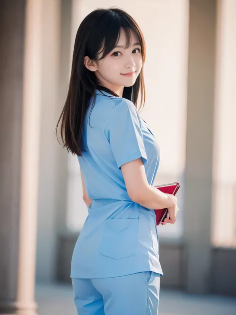 (Close-up face shot of one slender small breasts two side up black medium hair with bangs girl in a white long pants nurse uniform :1.5)、(One nurse is looking back with hold the file book in arms in the hospital courtyard with small smile:1.5)、(Beautiful b...