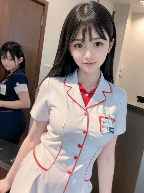 (Bright shade:1.5)、(Close-up face shot of one slender small breasts two side up black medium hair with bangs girl in a white nurse long pants uniform :1.5)、(One girl  is working at the reception counter in the hospital in Japan with small smile:1.5)、(High-...