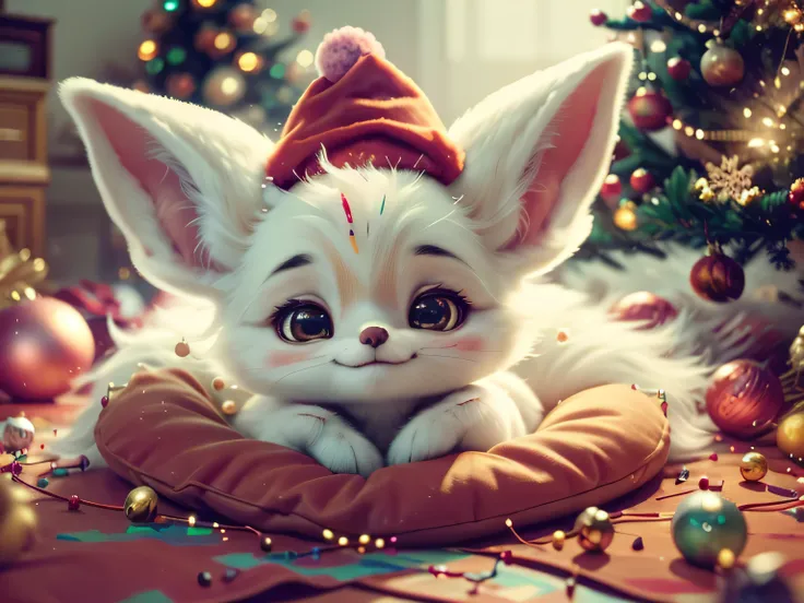 A beautiful and adorable fennec fox cub wearing a Santa hat made entirely of soft, light ginger clouds rests peacefully in a bed of fluffy clouds. The fennec fox cub wearing a Santa hat has a gentle, serene expression as he sleeps with his soft, dreamy loo...