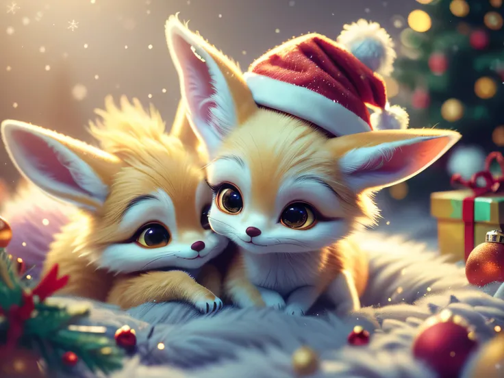 A beautiful and adorable fennec fox cub wearing a Santa hat made entirely of soft, light ginger clouds rests peacefully in a bed of fluffy clouds. The fennec fox cub wearing a Santa hat has a gentle, serene expression as he sleeps with his soft, dreamy loo...