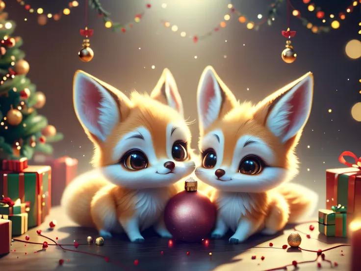 A beautiful and adorable fennec fox cub wearing a Santa hat made entirely of soft, light ginger clouds rests peacefully in a bed of fluffy clouds. The fennec fox cub wearing a Santa hat has a gentle, serene expression as he sleeps with his soft, dreamy loo...