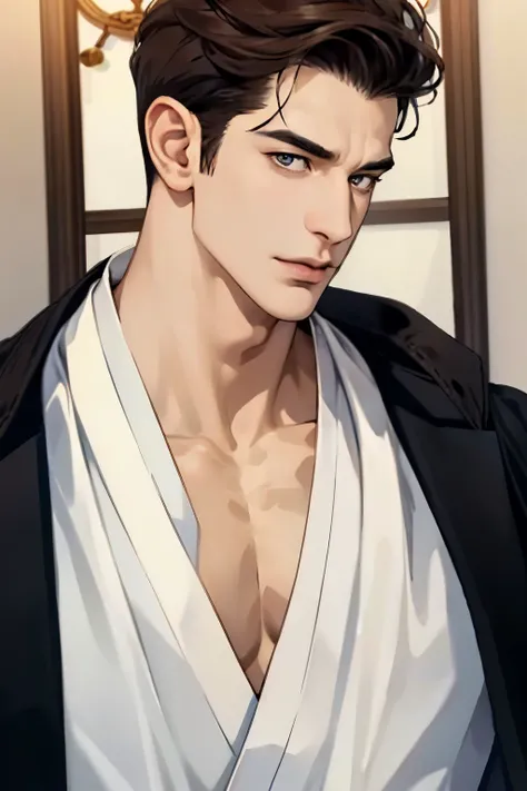 real, (highest quality、masterpiece:1.3), fine eyes and detailed face, suit, Solo Mature Men, tall muscular man, brown hair, gentleman, ((best quality)), perfect face, Japanese