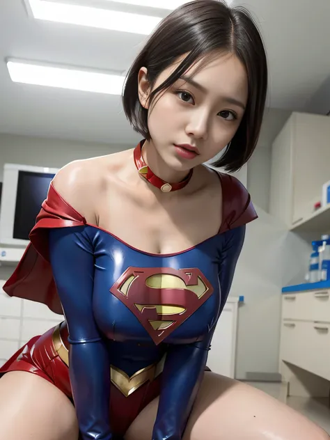 masterpiece、 latex supergirl costume 、 off shoulder 、Ultra short hair、 Big and Rich Breasts 、 shiny sweaty skin 、Look directly into the camera、 choker 、Provocative cleavage、 Long Sleeve 、Cape、Glamorous bare legs、 in front of laboratory equipment in hospita...