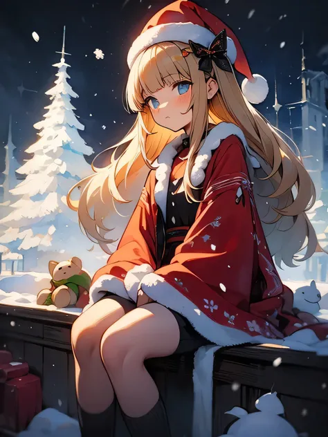 solo, sitting, blonde half updo, (blunt bangs), pinkeyes, fluffy black Santa Claus clothes, fluffy black Santa Claus hat, snow country, street corner, beautiful snowy night sky, master piece, best quality, like a painting, watercolor painting style, The Ar...