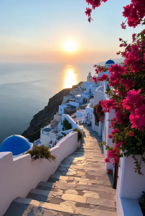 Creer des photo realistes touristique de Santorin, Grèce: With its white houses and blue domes ,  Santorini is famous for its spectacular sunsets over the Aegean Sea. High resolution,  high quality, 