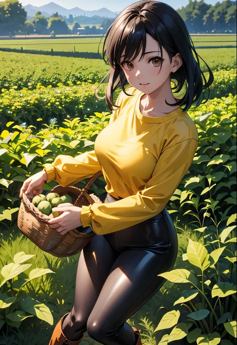 2.5D anime style, up view, dynamic pose, anime woman with a basket of muskmelons in a field of green plants, black hair, brown eyes, short yellow tshirt, black tight long sleeves, high waist brown yoga leggings, dark grey leather boots, made with anime pai...