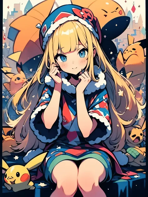 solo, sitting, blonde half updo, (blunt bangs), pinkeyes, fluffy black Santa Claus clothes, fluffy black Santa Claus hat, snow country, street corner, (pikachu(pokemon)),beautiful snowy night sky, master piece, best quality, like a painting, watercolor pai...