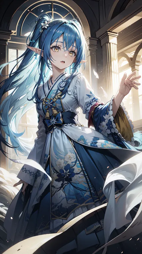 Anime Girl, Fantasy illustrations, flowing hair ,Blue Japanese long skirt, Clear Clothes , Beautiful young elf, dark blue hair ,Twin ponytails,Hair style editor ,have, happy ,Beautiful fantasy anime, 闪亮 flowing hair , Ethereal Anime, Beautiful anime work...