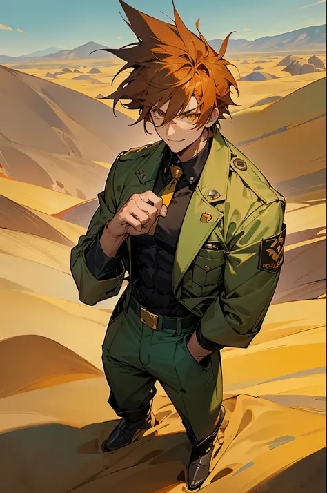 Muscular man, defined body, gold rings on all fingers, light blue colored gangster jacket, black shirt underneath jacket, long army pants of green color, military boots of brown color, evil smile, spiky orange hair, messy hair, short hair, yellow colored e...