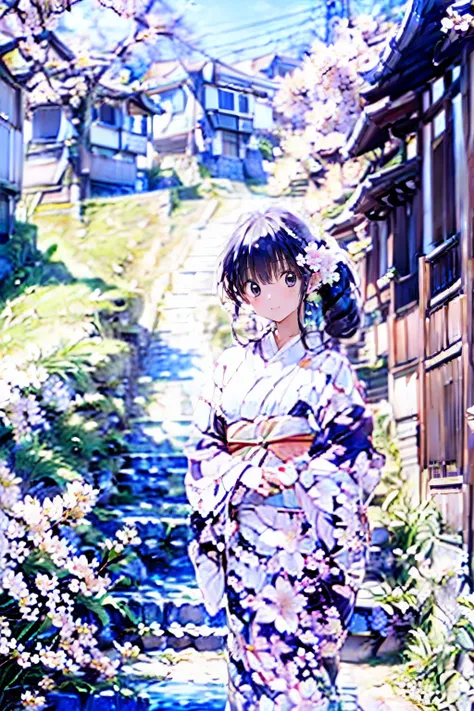 ((Cherry blossom treesの中を長く続く階段を下りているひとりの女の子)) ( Wearing a traditional Japanese kimono ) Brown Long Hair Highlighted Hair deep neckline smile ( Exact Face Drawing ) (Exact Hand Depiction ) Spring weather Cherry blossom trees ( Cherry blossom tree w...