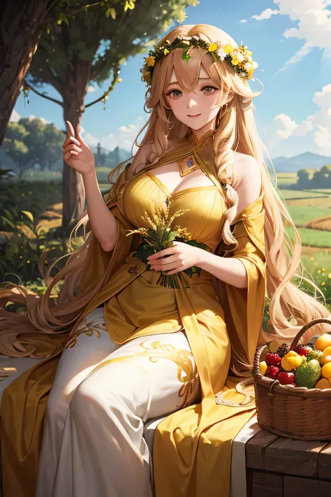 "A depiction of Demeter, the Greek goddess of agriculture and the harvest. She appears as a beautiful and regal woman with long, wavy golden hair adorned with a wreath of wheat. Her flowing gown is in shades of green and gold, symbolizing the earth and the...