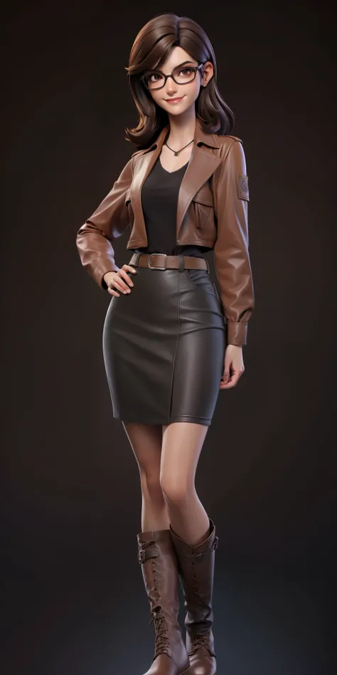 Loira _Adult Intelligent Archaeologist Dressed in Earth-Colored Clothes. Wears small Glasses. Mysticism and seductive beauty, tall, small breasts, long neck,  leather jacket, light brown t-shirt, dark brown skirt, black boots, black belt, sensual smiling.