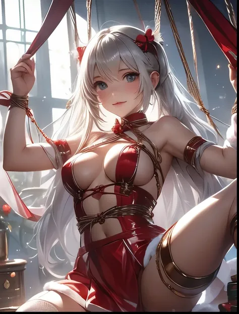 （（（ＳＦＷ、Precision、Highest quality、A first-class masterpiece、Normal body、8k、  Detailed Face 、Ultra-precision、 Normal hand、５refer to、Highest）））、 Shy, innocent and pretty silver-haired beautiful girl、 white slingshot、racy sheer transparent mini skirt erotic Sa...