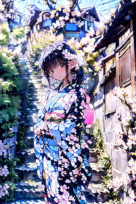 ((Cherry blossom treesの中を長く続く階段を下りているひとりの女の子)) ( Wearing a traditional Japanese kimono ) Brown Long Hair Highlighted Hair deep neckline smile ( Exact Face Drawing ) (Exact Hand Depiction ) Spring weather Cherry blossom trees Under the cherry tree ( ...