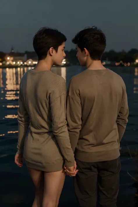 Two boys, seen from behind, holding hands on the edge of a calm lake at night. One boy wears an oversized beige sweater, and the other wears a simple black t-shirt. City lights sparkle in the distance, reflecting softly on the waters surface. A romantic an...