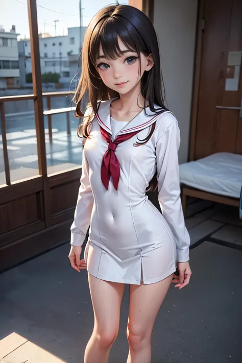 Perfect composition, Proper placement, Golden Ratio, masterpiece,  best quality,  high definition ,  one  Girl,  Cute  Woman, full body focus, full body shot, view the viewer, smiling, standing,  Wearing a Japanese High School Sailor Suit:1.331, Winter lon...