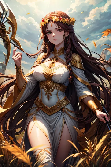 "Demeter, the Greek goddess of agriculture and fertility, depicted as a fierce and majestic figure. She has flowing, dark auburn hair adorned with a crown of wheat and autumn leaves, representing the cycle of life and death. Her attire is an earthy mix of ...