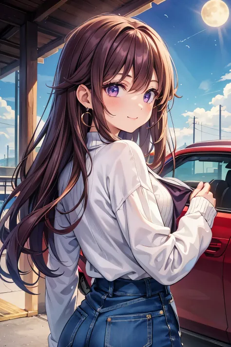 A picture of only the upper body.

An anime-style girl is loading a large cooler into the trunk of her purple light car and looking back at me.

She is smiling, narrowing her eyes.

She has medium hair hair with sideburns and sauvage.
She has medium hair h...