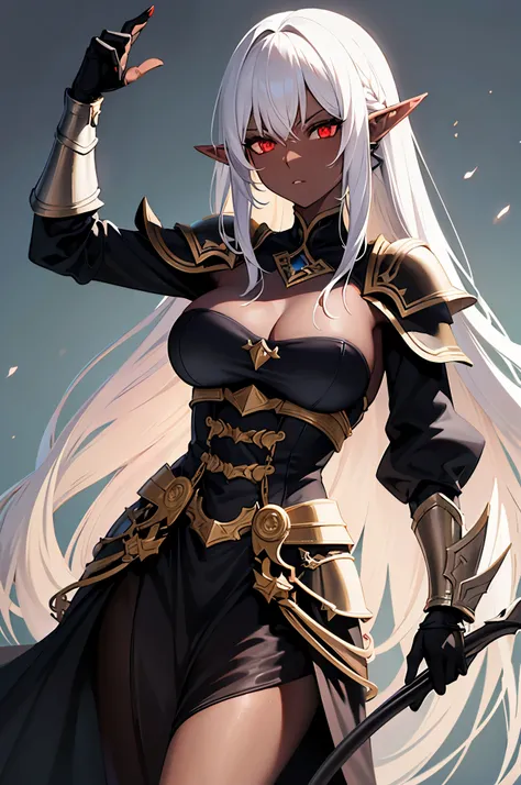 A stylized fantasy female elf with long white hair, red eyes, and pointed elf-like ears, featuring dark skin and a powerful presence. She is wearing intricate black armor with golden details, resembling a medieval knight. Her expression is serious, with he...