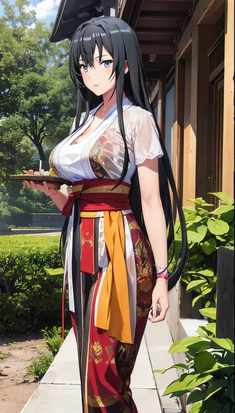 Masterpiece, best quality, highres, highly detailed, 1 girl, yukinoshita yukino, long hair, black hair, aqua eyes, large breast, kabaya traditional dress, outdoor, perfect finger shape, the number of  is not excessive, the number of fingers is perfect,