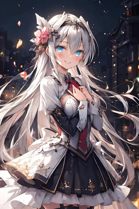 1 girl, Firefly (Collapse: STAR RAIL), Alone, Kurosai , headband , gradient skirt, hair ornament, blouse, cropped jacket, yellow neckerchief , cowboy shot , Standing with Different Chests , floating, Floating Hair, teeth , hands on ...