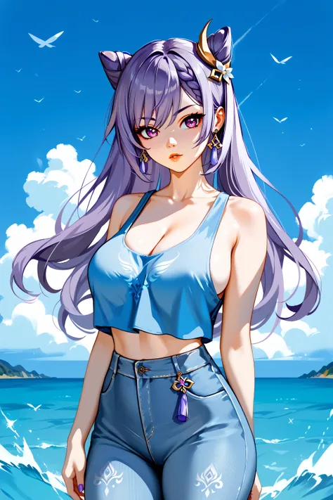 Keqing from Genshin Impact, purple hair, flowing purple eyes, large breasts, and thick thighs, standing in a relaxed contrapposto pose with her hands behind her back, she’s facing viewer straight, having a dramatic, neutral expression on her young face, he...