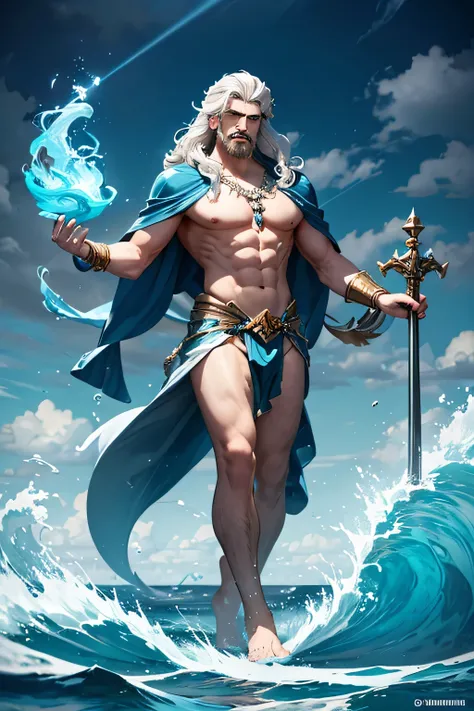 "Poseidon, the Greek god of the sea, storms, and earthquakes, depicted as a powerful and commanding figure. He has long, flowing dark hair streaked with silver, and a thick beard that moves as though stirred by ocean waves. His piercing blue eyes glow with...