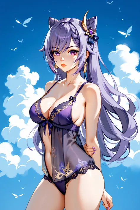 Keqing from Genshin Impact, purple hair, flowing purple eyes, large breasts, and thick thighs, lingerie, standing in a relaxed contrapposto pose with her hands behind her back, she’s facing viewer straight, having a dramatic, neutral expression on her youn...