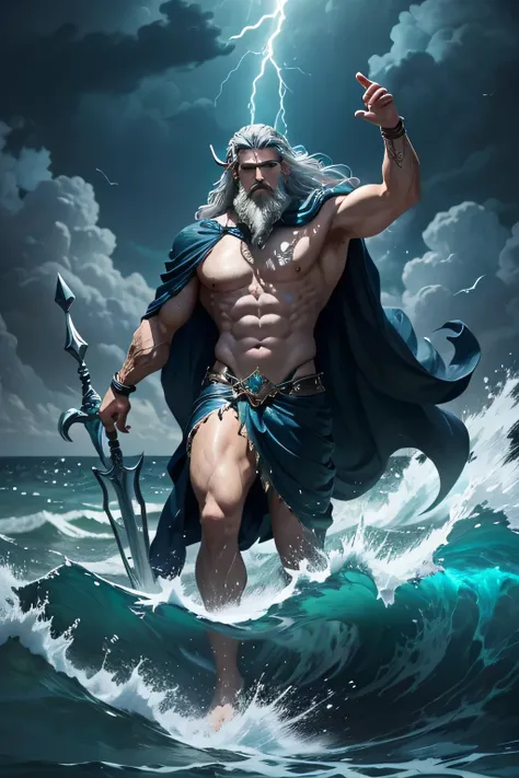 "Poseidon, the Greek god of the sea, storms, and earthquakes, depicted as a powerful and commanding figure. He has long, flowing dark hair streaked with silver, and a thick beard that moves as though stirred by ocean waves. His piercing blue eyes glow with...