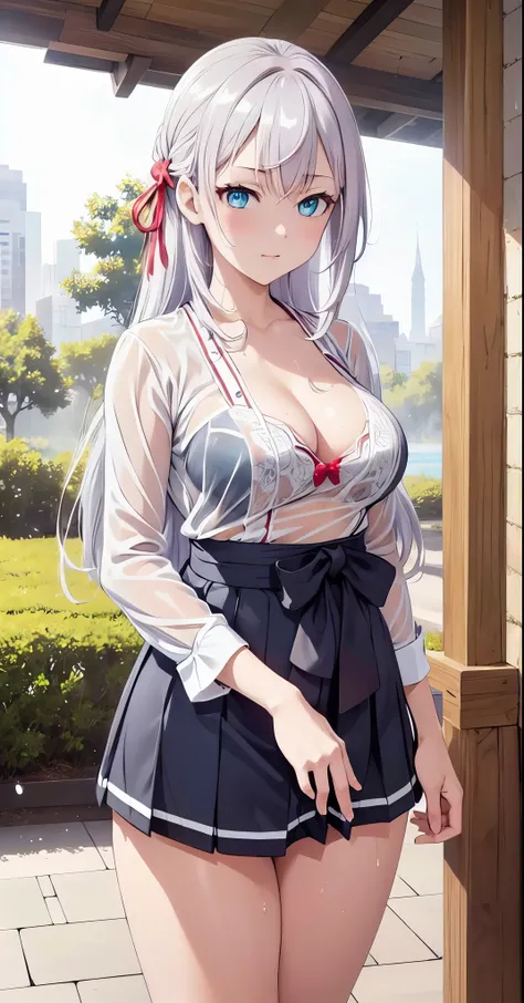 Masterpiece, best quality, highres, highly detailed, 1 girl, long hair, white hair, half - up style hair, red ribbons in right side head, aqua eyes, large breast, kabaya dress, The bra lines is see-through from the inside shirt, 
 mini skirt, she wet, dren...