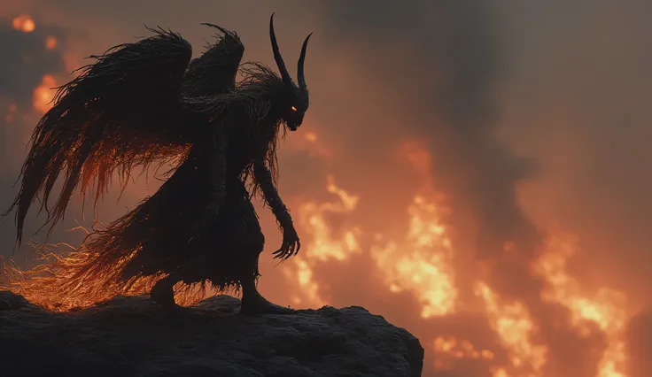 The lich is an angel with two large horns from the roots. His body is covered with roots. He is dressed in monastic robes dressed over black armor. His wings are made up of roots. He stands on a cliff, in the light of a world Burning with hellfire.