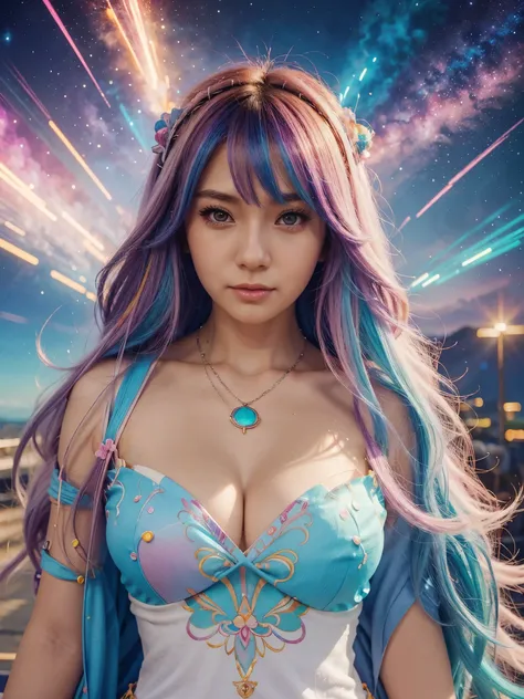 Close-up of a woman with colorful hair and necklace, anime girl with cosmic hair, Rossdraws soft vitality, Gouvez style artwork, fantasy art style, colorful], vibrant fantasy style, Rossdraws cartoon full of vitality, cosmic and colorful, Guweiz, colorful ...