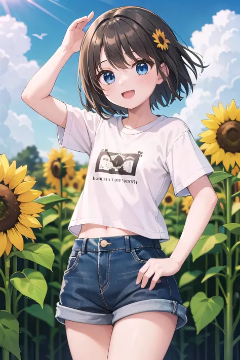 masterpiece, top quality,  super detailed , One Girl, lolita, small, Laugh happily, sunflower garden, sunshine on stilet, cloud, short hair, blue eyes, Brown Hair,    Hair Accessory  , x    Hair Accessory  ,T-Shirts, denim mini skirt, 